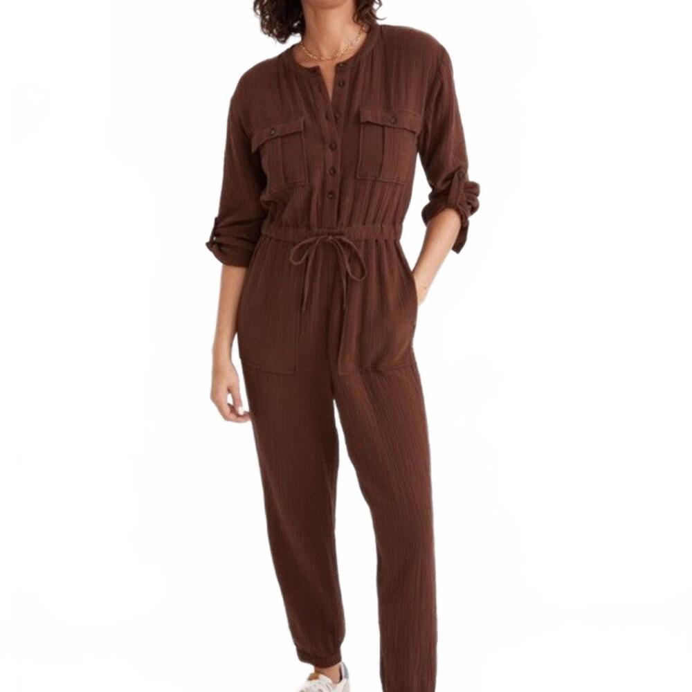 Madewell Lightspun Tapered Leg Jumpsuit Cotton Gauze Cocoa Brown Women's Size 0
